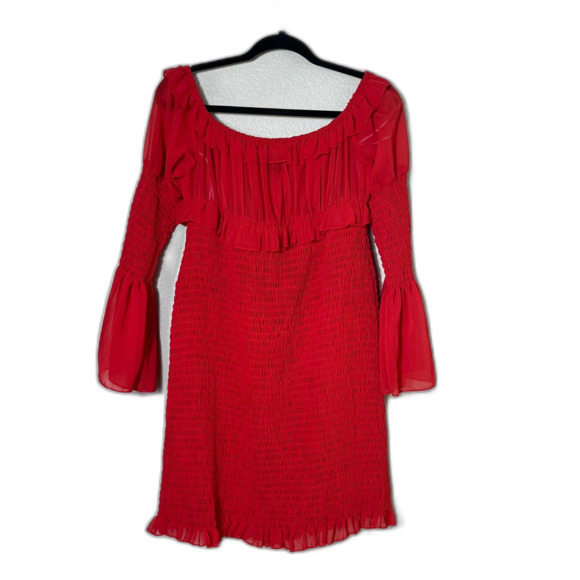 NWT Pretty Little Thing Plus Red Off the Shoulder Chiffon Bodycon Dress 18 - Picture 1 of 7